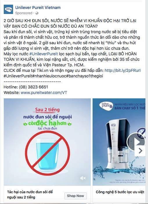 Unilever Pureit Vietnam quang cao nuoc dun soi nhiem doc sau 2 tieng la "noi lao"?