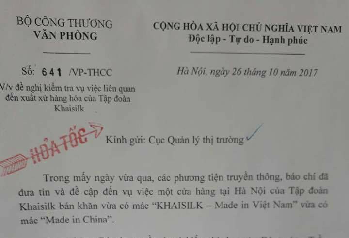 Bo Cong Thuong yeu cau lam ro vu Khaisilk ban khan Trung Quoc