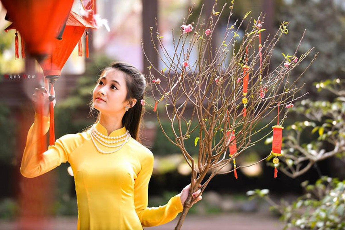 Anh thieu nu mac ao dai khoe sac ben canh dao xuan-Hinh-2