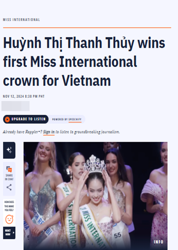 Bao quoc te ram ro dua tin Thanh Thuy dang quang Miss International 2024