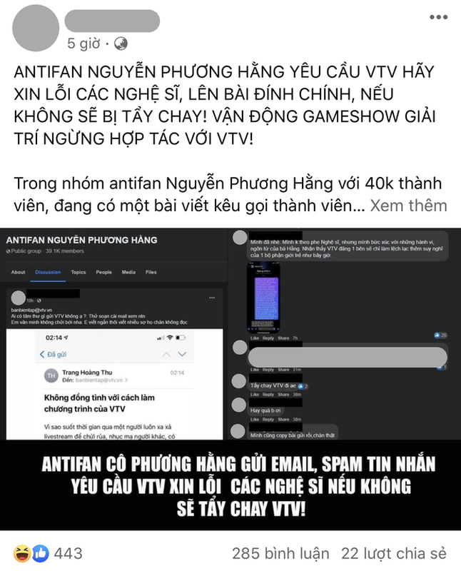 Doi tay chay VTV, antifan ba Phuong Hang the hien 