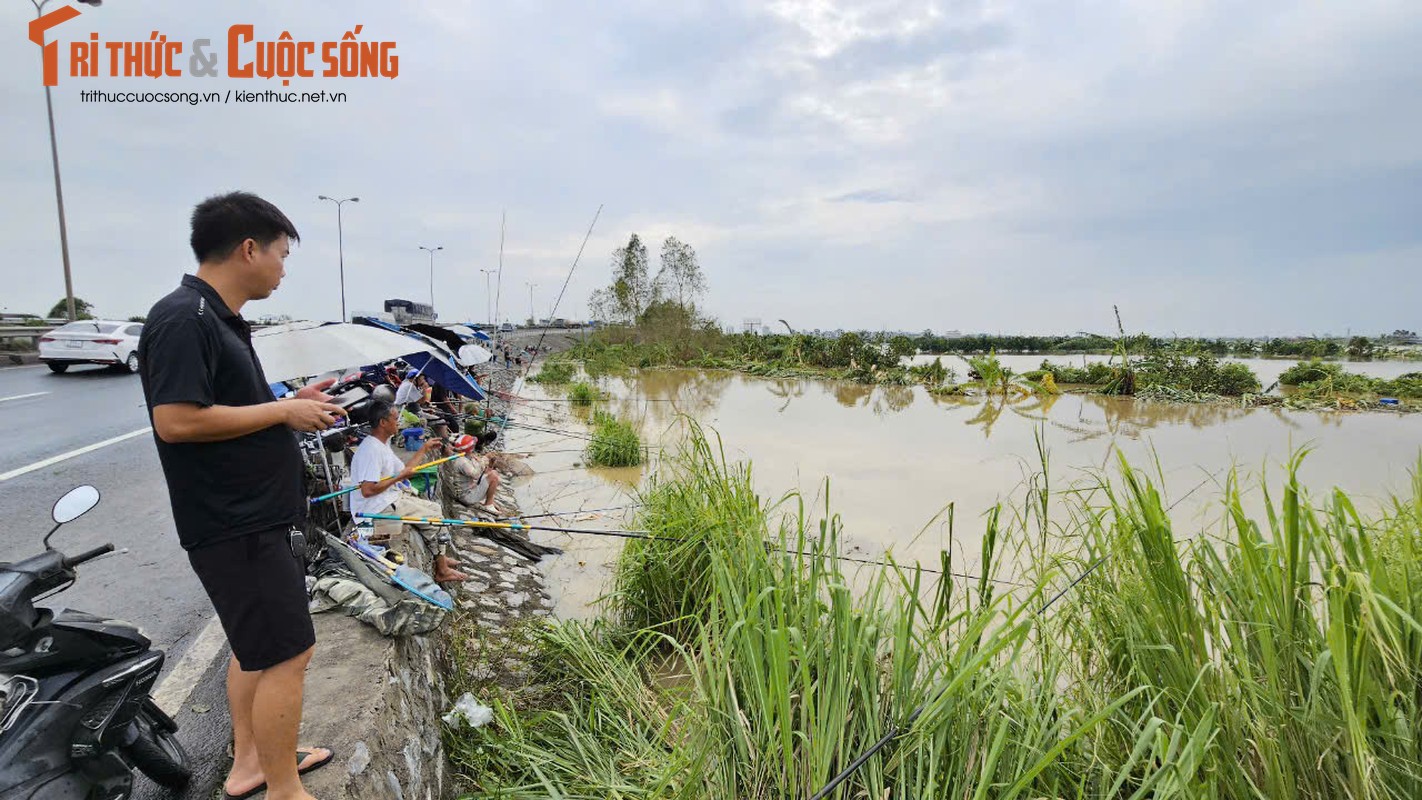 View - 	Hải Dương Người dân dựng xe, ngồi lan can ven QL5 câu cá