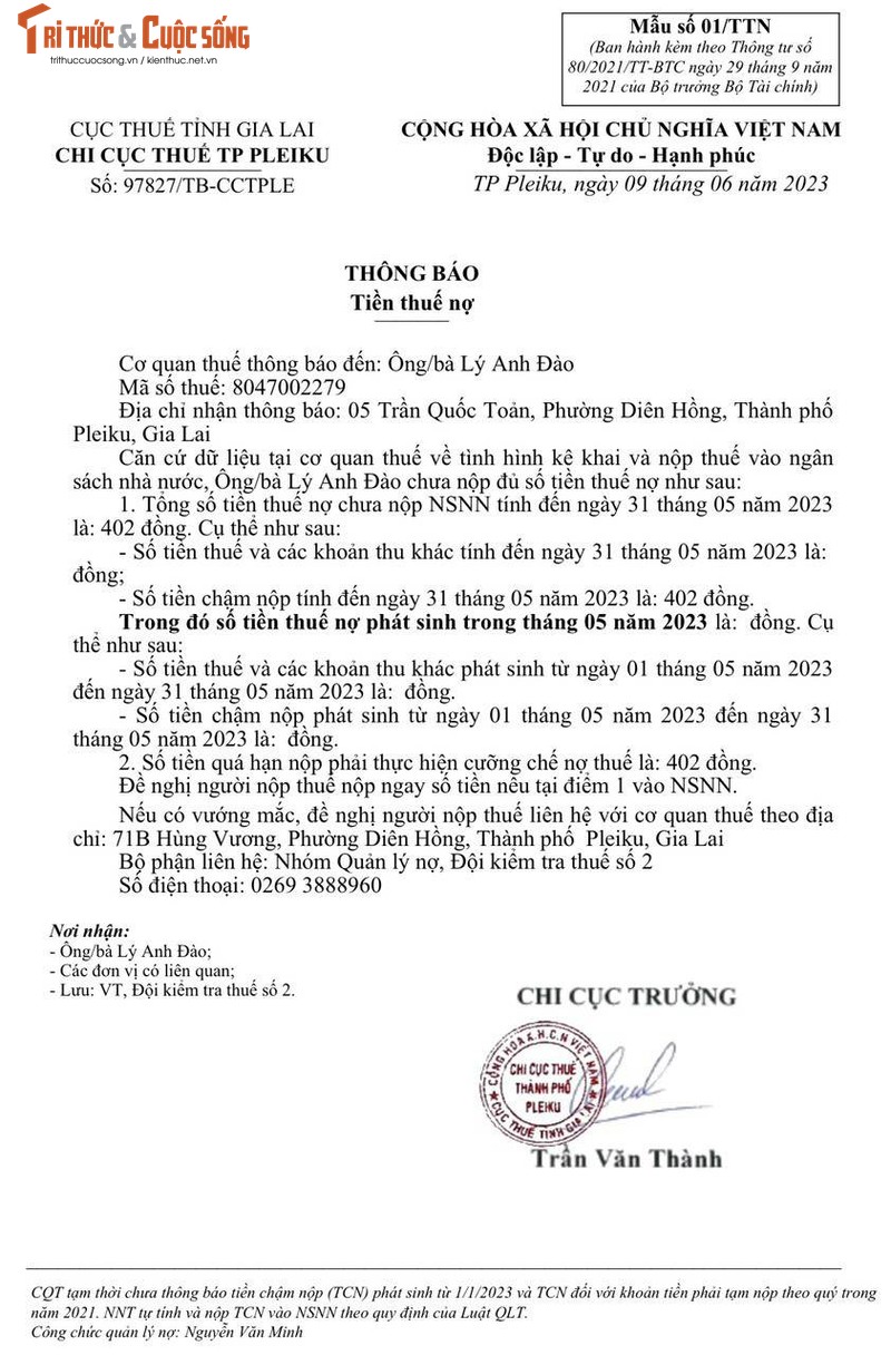 Gia Lai: Giam doc Ngan hang phan nan vi thong bao no thue 402 dong!-Hinh-2