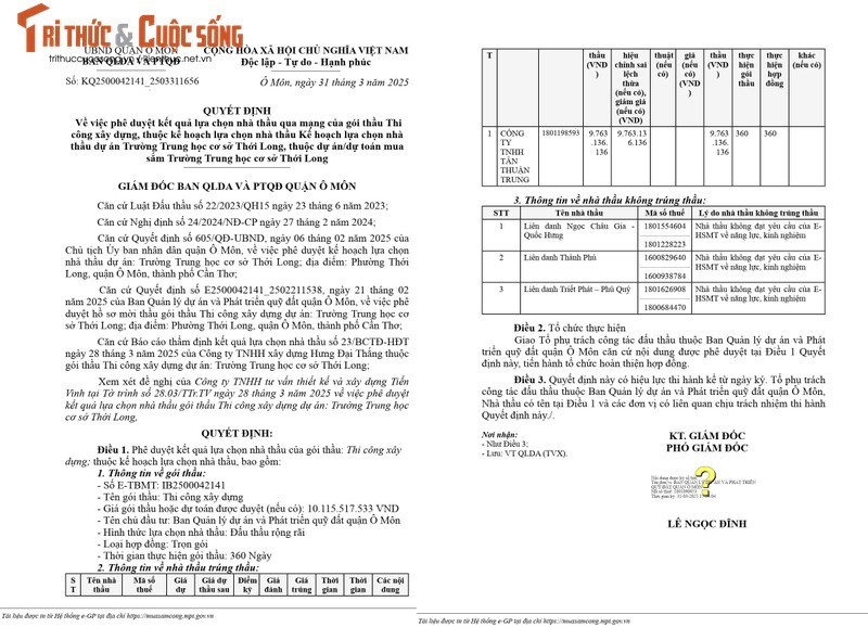Cần Thơ: Cty Tân Thuận Trung thắng gói thầu xây trường THCS Thới Long Can Tho: Cty Tan Thuan Trung thang goi thau xay truong THCS Thoi Long