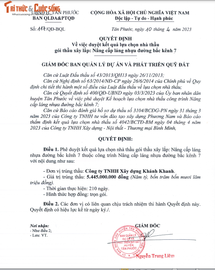 Tien Giang: 4 goi thau lam duong o Tan Phuoc ve tay Khanh Khanh
