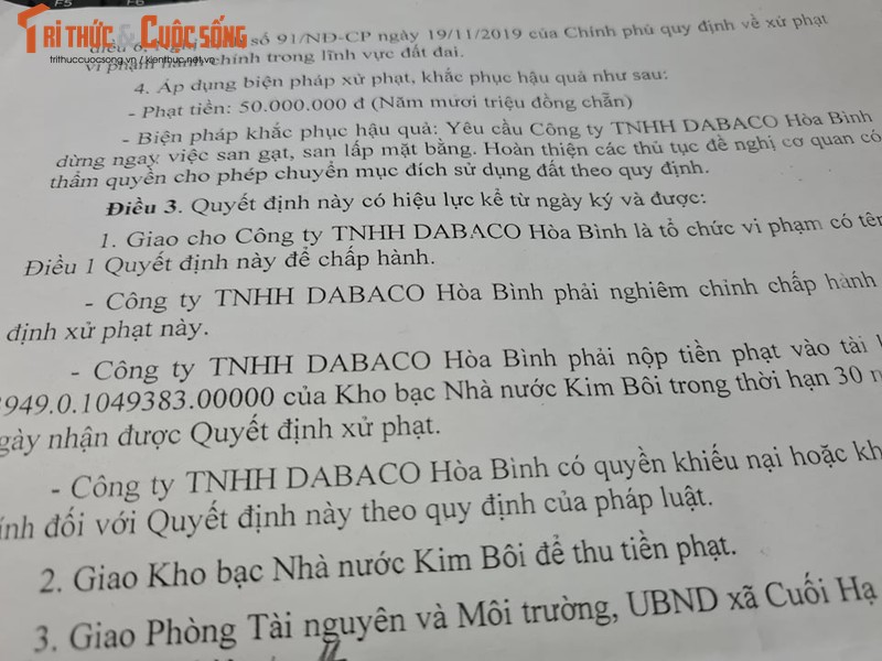 Chua chuyen doi muc dich dat da thi cong, Dabaco Hoa Binh bi xu phat