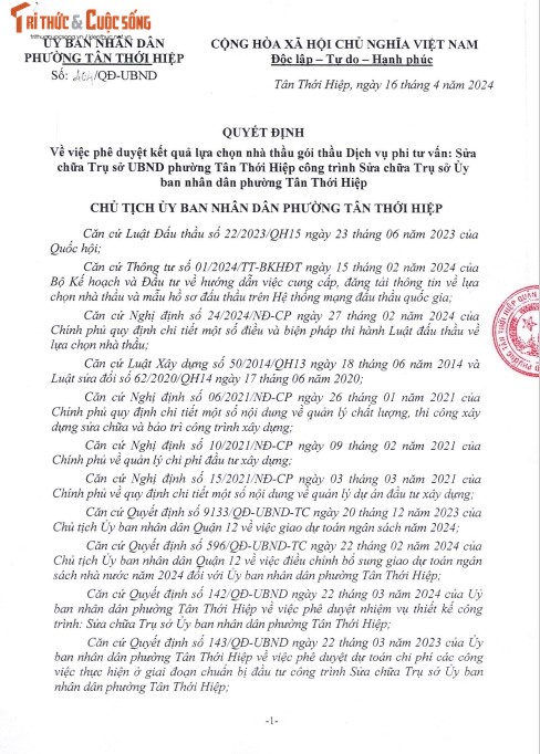 TP HCM: Hong Ha Vina lien tiep trung thau tai UBND P.Tan Thoi Hiep