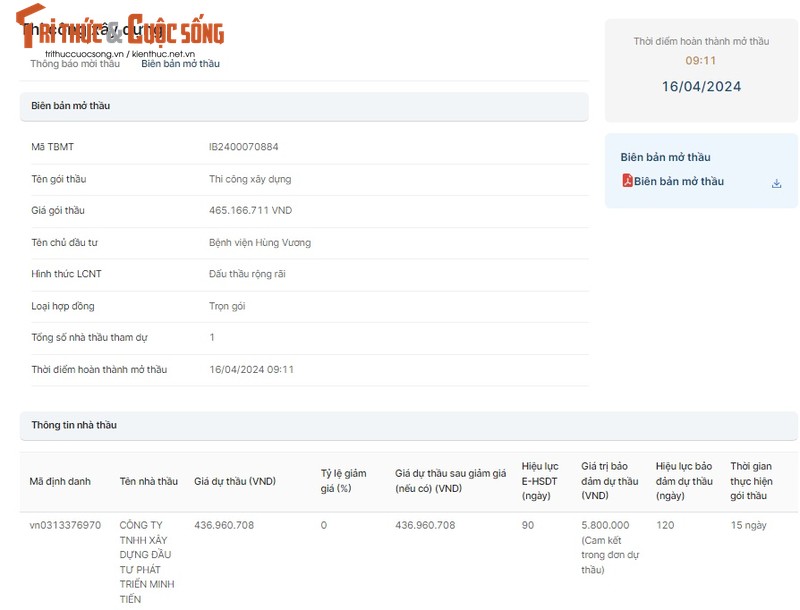 TPHCM: Cong ty Minh Tien co trung goi thau tai Benh vien Hung Vuong?