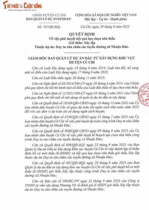 TP HCM: Cong ty Nam Thanh 68 du 10 goi thau tai Cu Chi