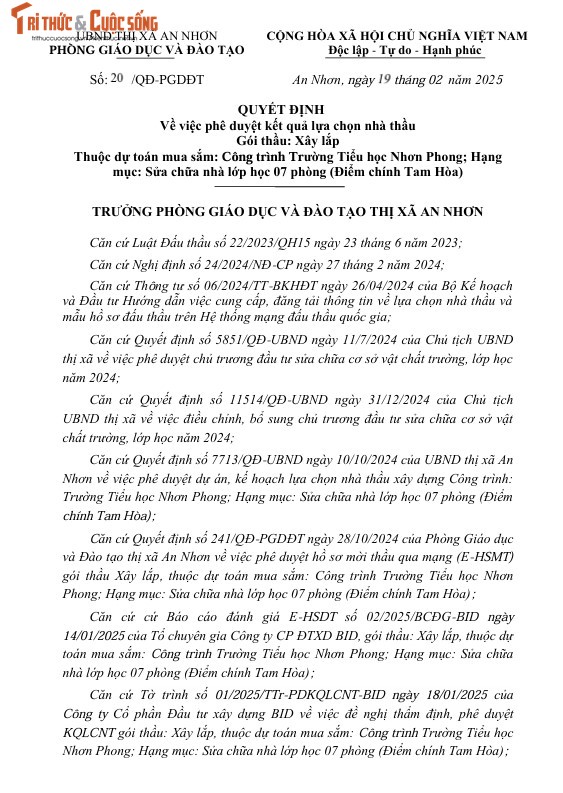 Binh Dinh: Cty Minh Thanh 1 ngay trung 2 goi thau tai Phong GD&DT An Nhon