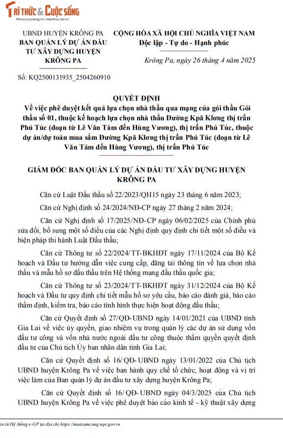 Gia Lai: Duy nhat Cty Thien Phu tham gia va trung goi lam duong Kpa Klong
