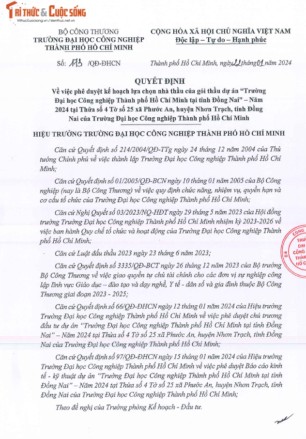 Cty Nguyen Le trung goi thau 14 ty cua Dai hoc cong nghiep TPHCM