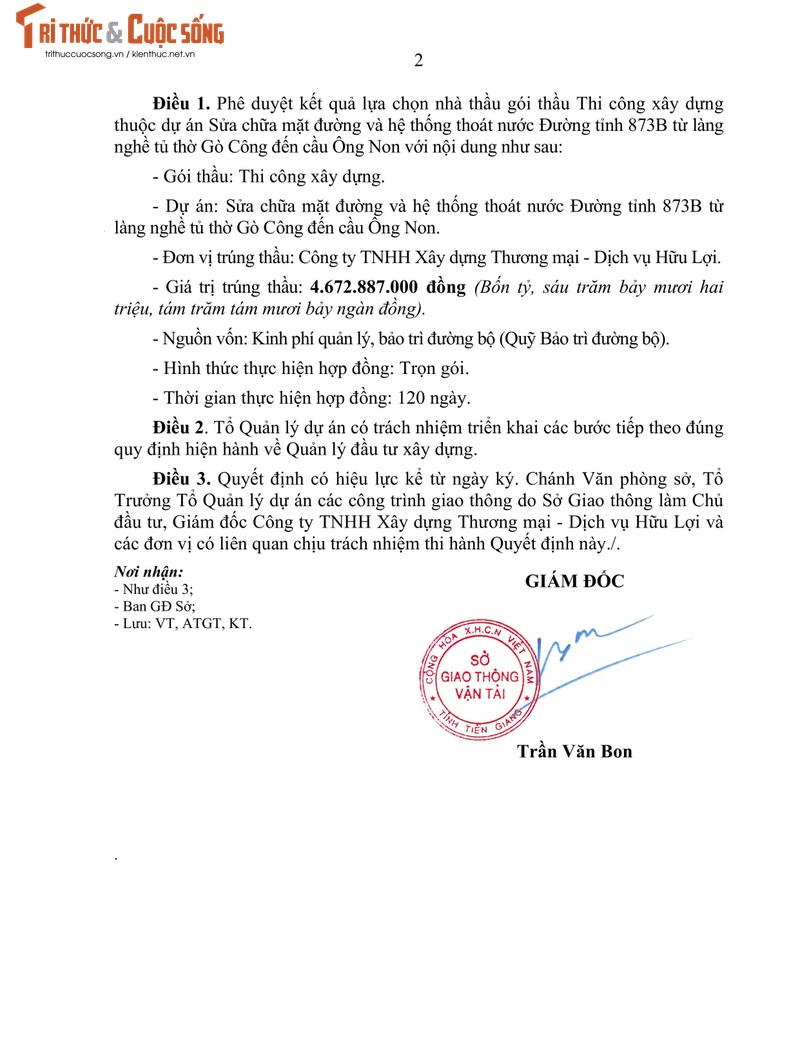 Tien Giang: Goi thau sua chua DT 873B hon 4,6 ty ve tay Huu Loi