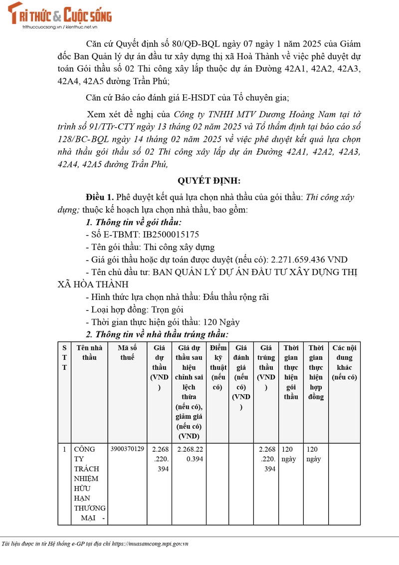 Tay Ninh: Cong ty Minh Hung trung goi thau lam duong hon 2,6 ty dong