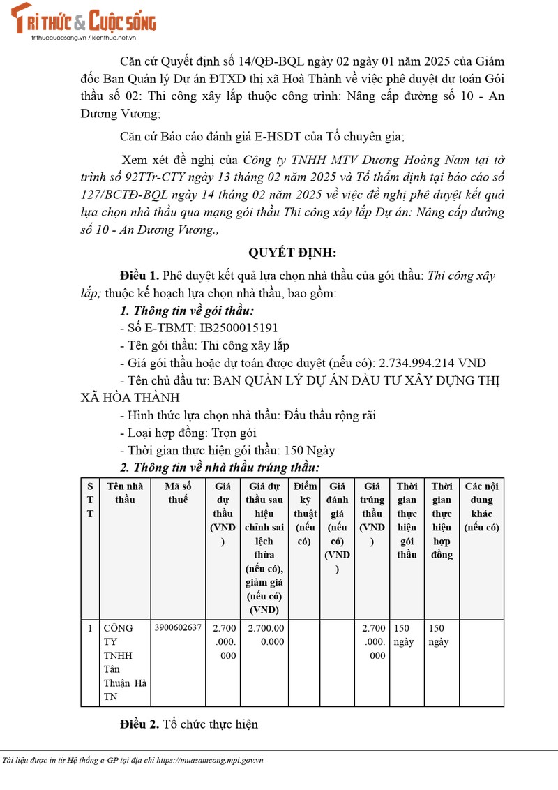 Tay Ninh: Cty Tan Thuan Ha TN trung goi nang cap duong 2,7 ty